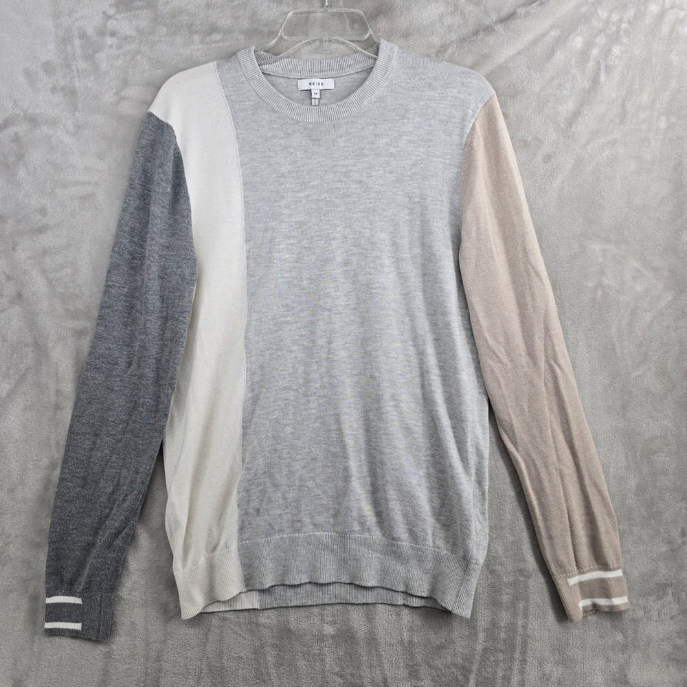 REISS Mens Colorblock Crewneck‎ Sweater Long Sleeve Knit Size Medium preppy wool